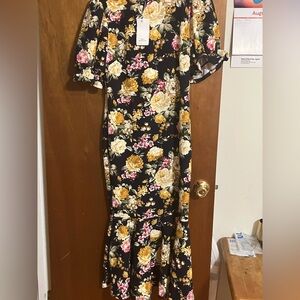 Navy blue floral print dress long puffy sleeve